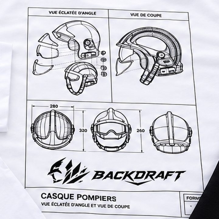 Tee blanc avec plan technique d'un casque de pompier
